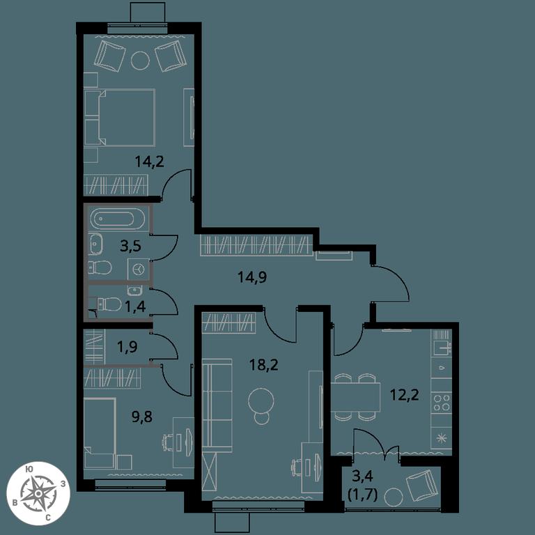 3-BD Apartment Sale, 77.8 sq. m. at Pervy Yuzhny, zhiloy kompleks Pervy Yuzhny, Leninskiy City District, Moscow Region, Russia #1