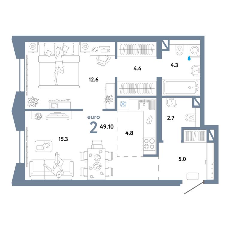1-BD Apartment Sale, 48.4平方米 at Strana.Ozernaya, Ozyornaya Street, 42с7, Moscow, Russia #1