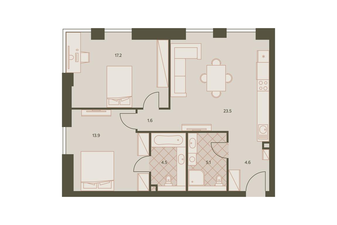 2-BD Apartment Sale, 71.7平方米 at Eniteo, Dmitriya Ulyanova Street, 45, Moscow, Russia #1