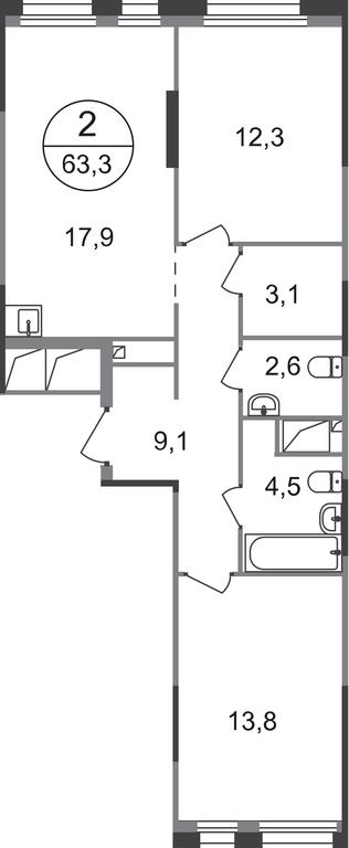 2-BD Apartment Sale, 63.3平方米 at Pervyi Moskovskiy, ulitsa Bianki, 1, Moskovskiy, Moscow, Russia #1