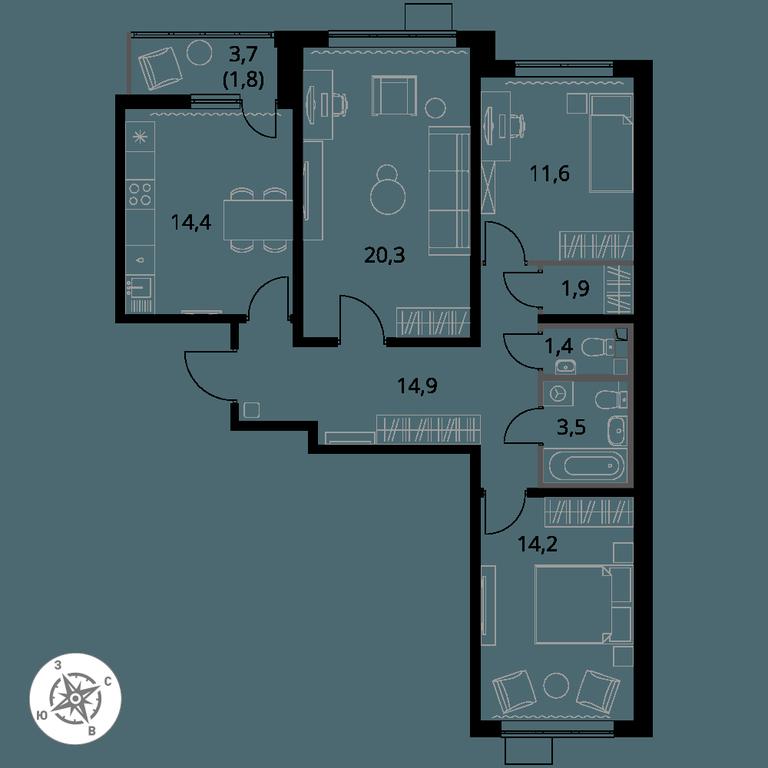 3-BD Apartment Sale, 84 sq. m. at Pervy Yuzhny, zhiloy kompleks Pervy Yuzhny, Leninskiy City District, Moscow Region, Russia #1