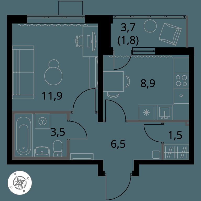 1-BD Apartment Sale, 34.1 sq. m. at Pervy Yuzhny, zhiloy kompleks Pervy Yuzhny, Leninskiy City District, Moscow Region, Russia #1