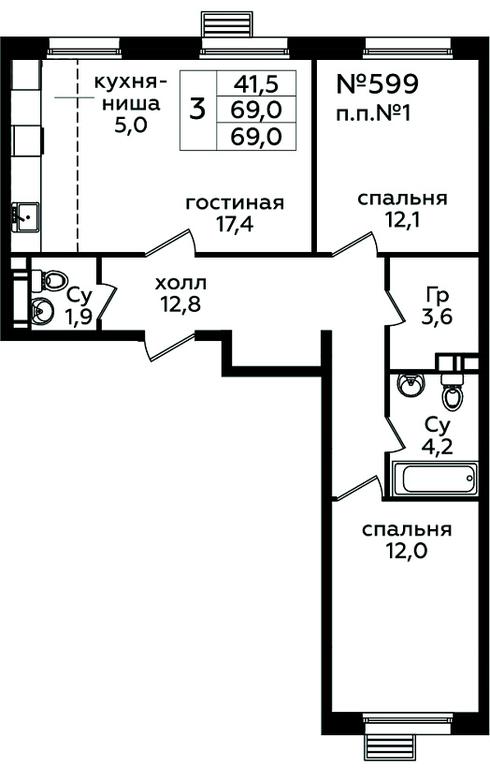 2-BD Apartment Sale, 69 sq. m. at Eko Bunino, prospekt Kuprina, 34к1, Sosenskoye Settlement, Moscow, Russia #1