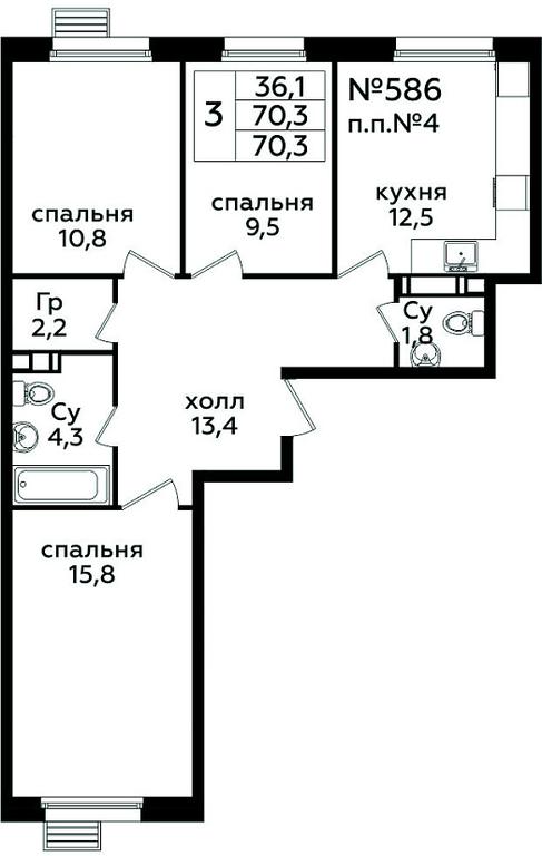 2-BD Apartment Sale, 70.3 sq. m. at Eko Bunino, prospekt Kuprina, 34к1, Sosenskoye Settlement, Moscow, Russia #1