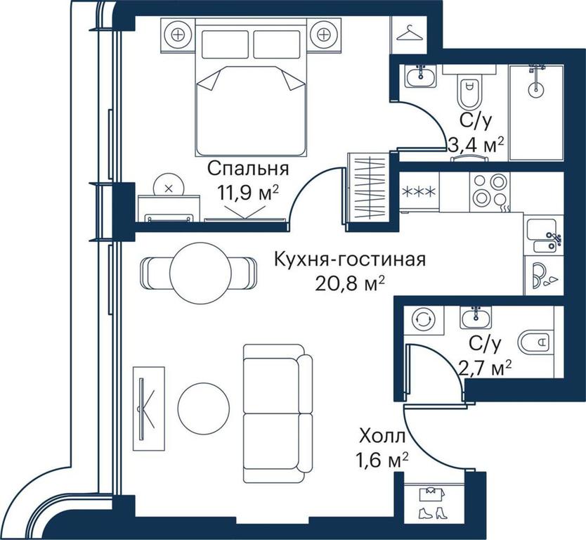 1-BD Apartment Sale, 39.8平方米 at City Bay, Volokolamskoye Highway, 95с3, Moscow, Russia #1