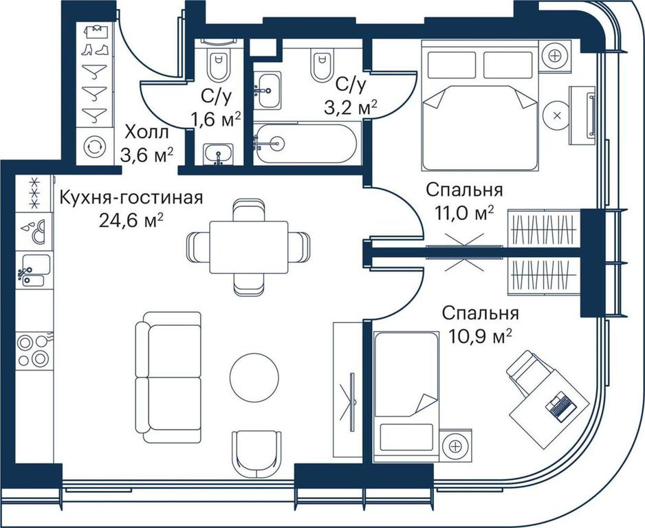 2-BD Apartment Sale, 53.77 sq. m. at City Bay, Volokolamskoye Highway, 95с3, Moscow, Russia #1