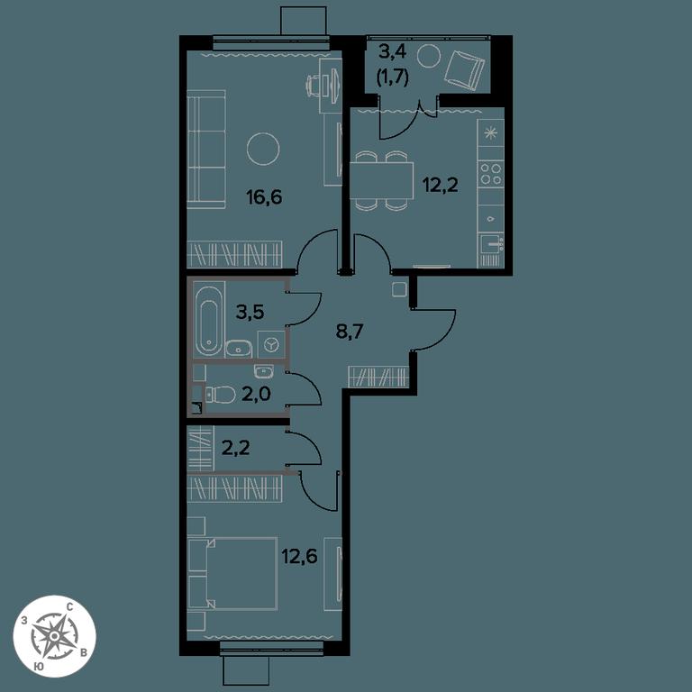 2-BD Apartment Sale, 59.5 sq. m. at Pervy Donskoj, zhiloy mikrorayon Sapronovo, derevnya Sapronovo, Leninskiy City District, Moscow Region, Russia #1
