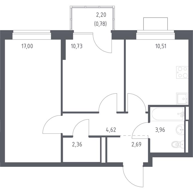 1-BD Apartment Sale, 52.65平方米 at Bogdanovskiy Les, derevnya Bogdanikha, Leninskiy City District, Moscow Region, Russia #1