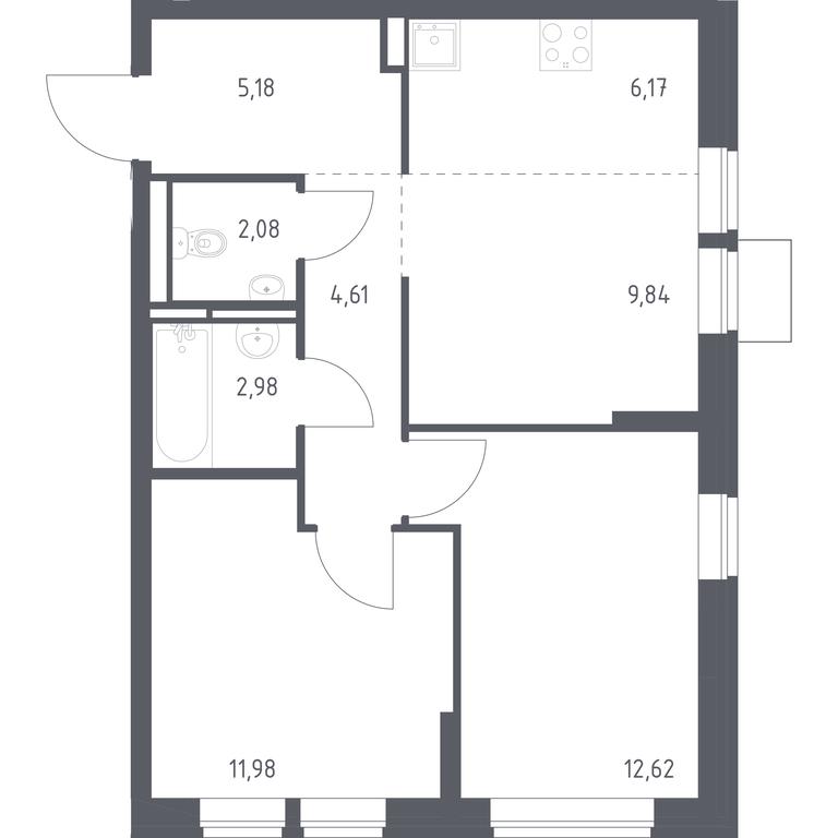 1-BD Apartment Sale, 55.46平方米 at Bogdanovskiy Les, derevnya Bogdanikha, Leninskiy City District, Moscow Region, Russia #1