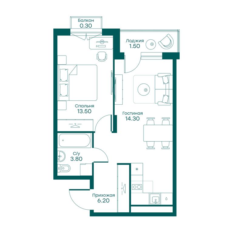 1-BD Apartment Sale, 42.4 sq. m. at Ravnovesie, zhiloy kompleks Ravnovesiye, selo Perkhushkovo, Odintsovskiy City District, Moscow Region, Russia #1