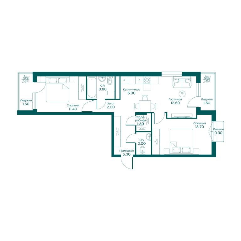 2-BD Apartment Sale, 56.9 sq. m. at Ravnovesie, zhiloy kompleks Ravnovesiye, selo Perkhushkovo, Odintsovskiy City District, Moscow Region, Russia #1