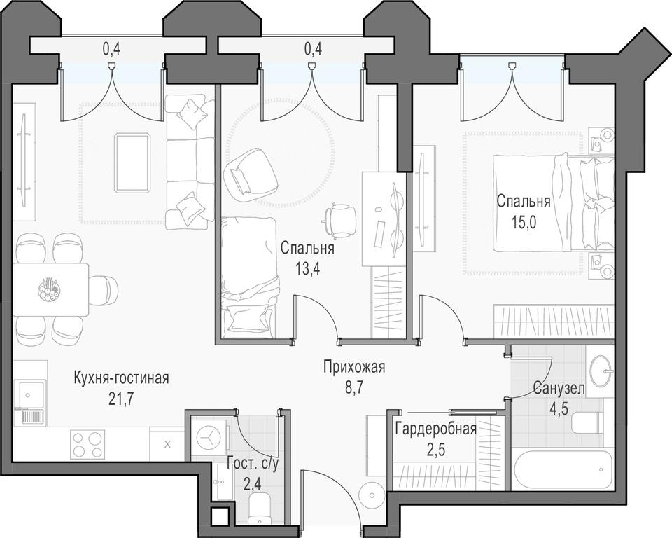 1-BD Apartment Sale, 70.3平方米 at Dostizhenie, Akademika Korolyova Street, 21, Moscow, Russia #1