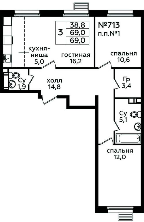 2-BD Apartment Sale, 69平方米 at Eko Bunino, prospekt Kuprina, 34к1, Sosenskoye Settlement, Moscow, Russia #2