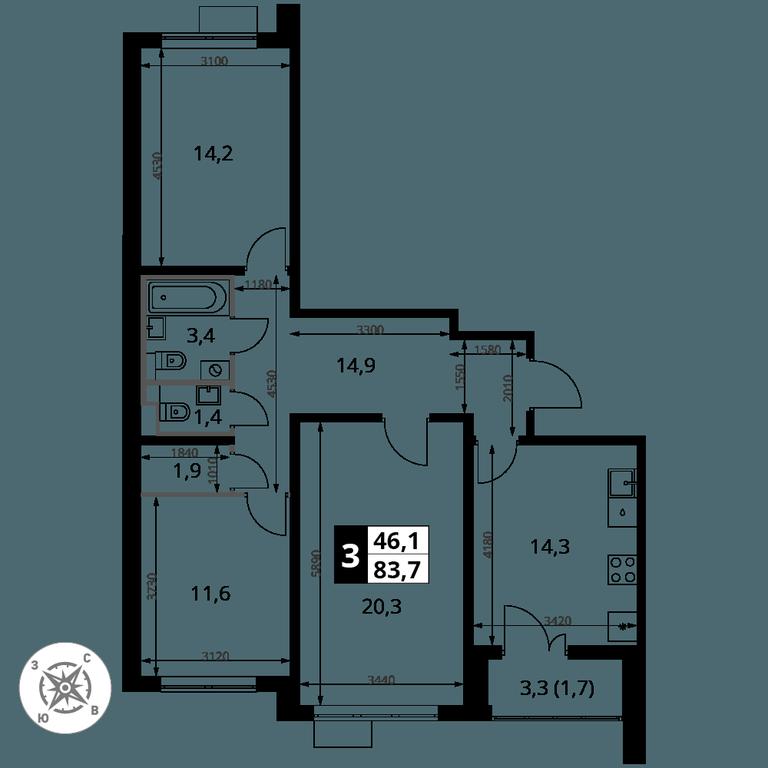 3-BD Apartment Sale, 83.7 sq. m. at Yzhnaya Bitsa, Yuzhnaya Bitsa Residential Complex, posyolok Bittsa, Leninskiy City District, Moscow Region, Russia #1