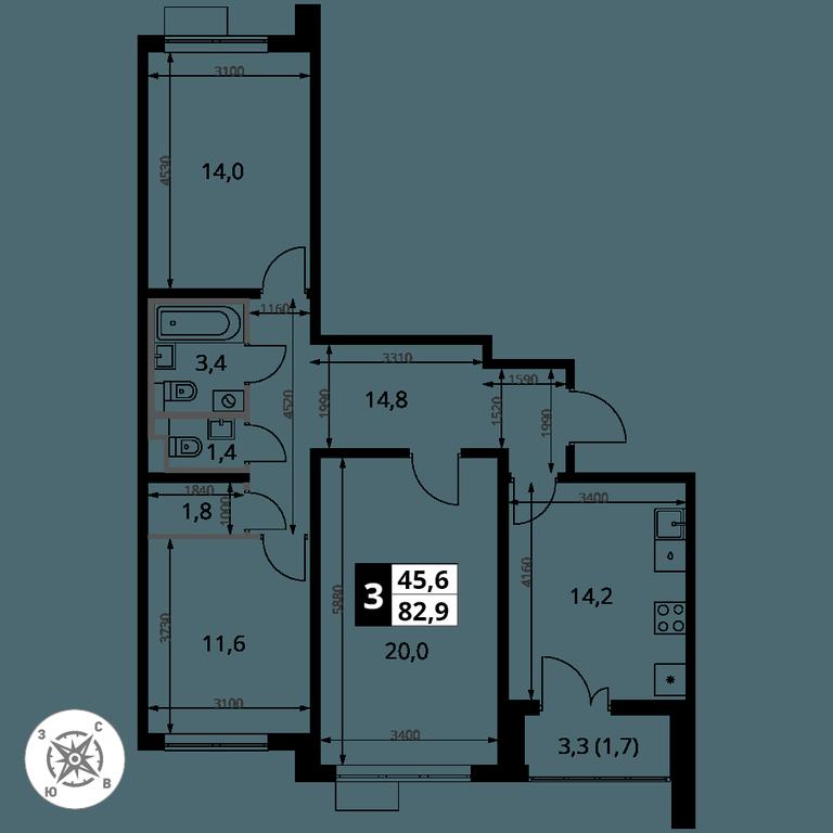 3-BD Apartment Sale, 82.9 sq. m. at Yzhnaya Bitsa, Yuzhnaya Bitsa Residential Complex, posyolok Bittsa, Leninskiy City District, Moscow Region, Russia #2