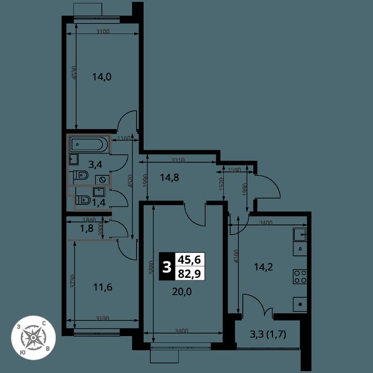 3-BD Apartment Sale, 82.9 sq. m. at Yzhnaya Bitsa, Yuzhnaya Bitsa Residential Complex, posyolok Bittsa, Leninskiy City District, Moscow Region, Russia #1