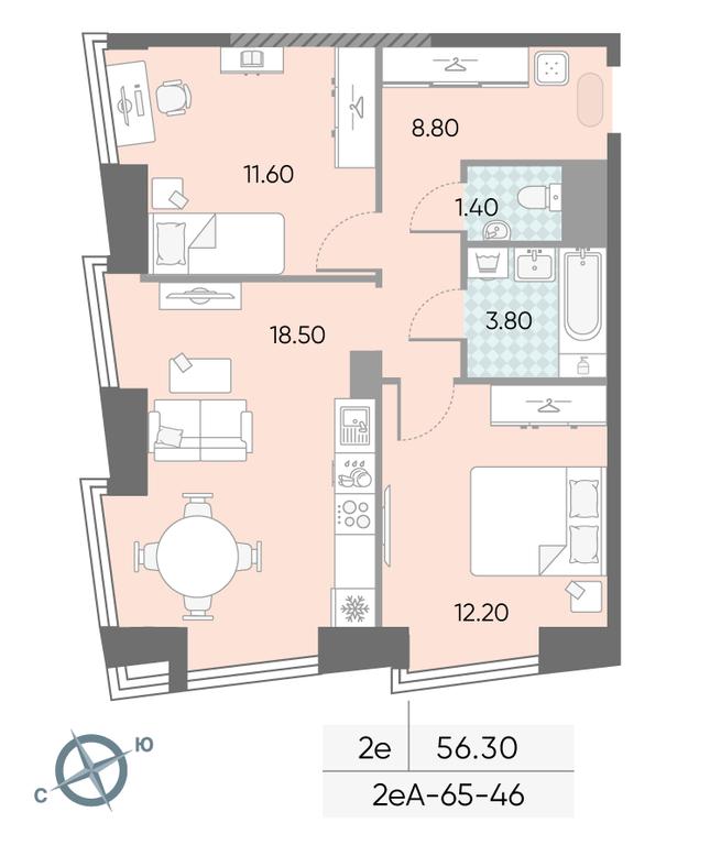 2-BD Apartment Sale, 56.3平方米 at Obrucheva 30, Obrucheva Street, 30А, Moscow, Russia #2