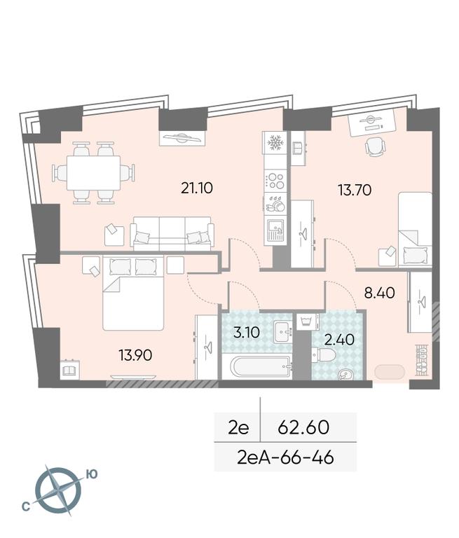 2-BD Apartment Sale, 62.6平方米 at Obrucheva 30, Obrucheva Street, 30А, Moscow, Russia #1