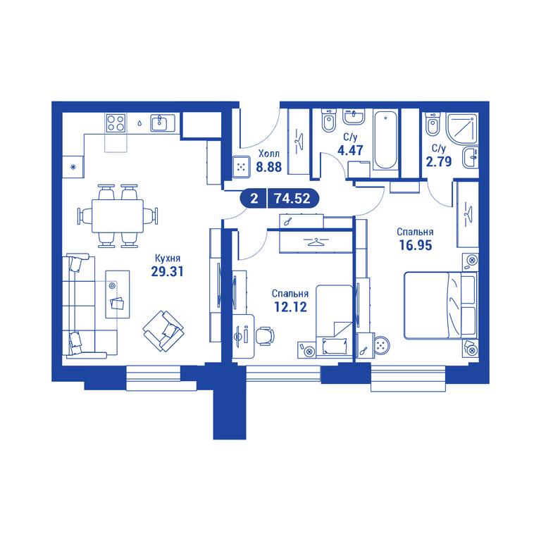1-BD Apartment Sale, 74.7 sq. m. at iLove, улица Бочкова, 11А, Москва, Россия #2