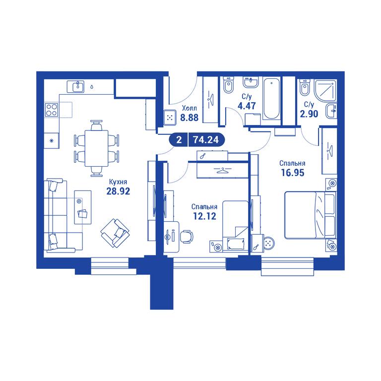 1-BD Apartment Sale, 74.2平方米 at iLove, улица Бочкова, 11А, Москва, Россия #2