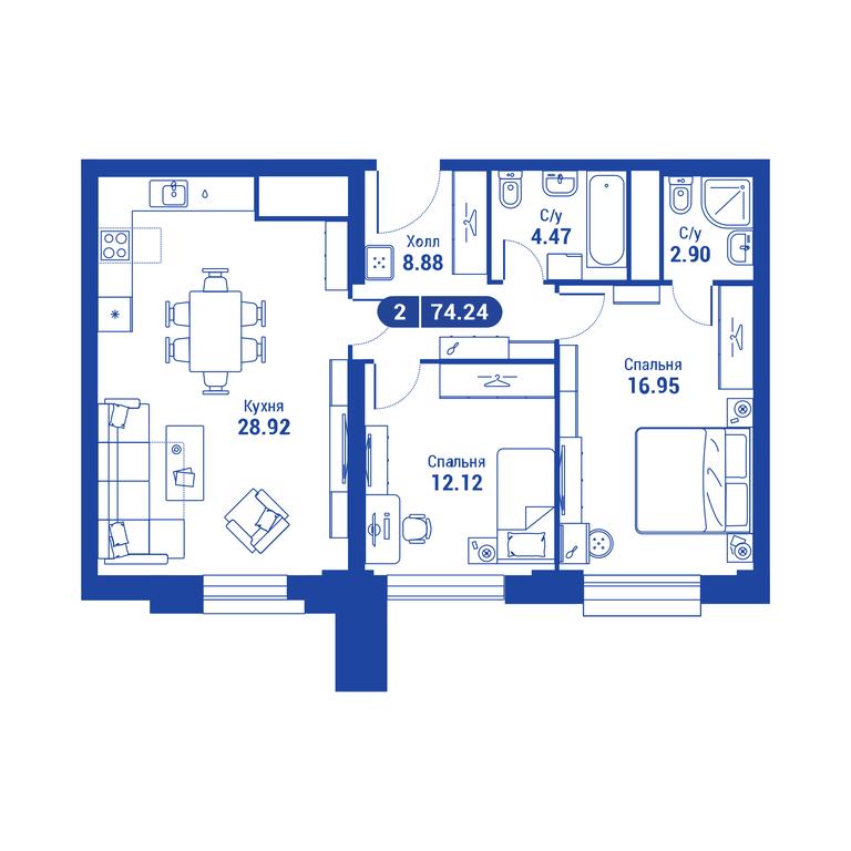 1-BD Apartment Sale, 74.2 sq. m. at iLove, улица Бочкова, 11А, Москва, Россия #2