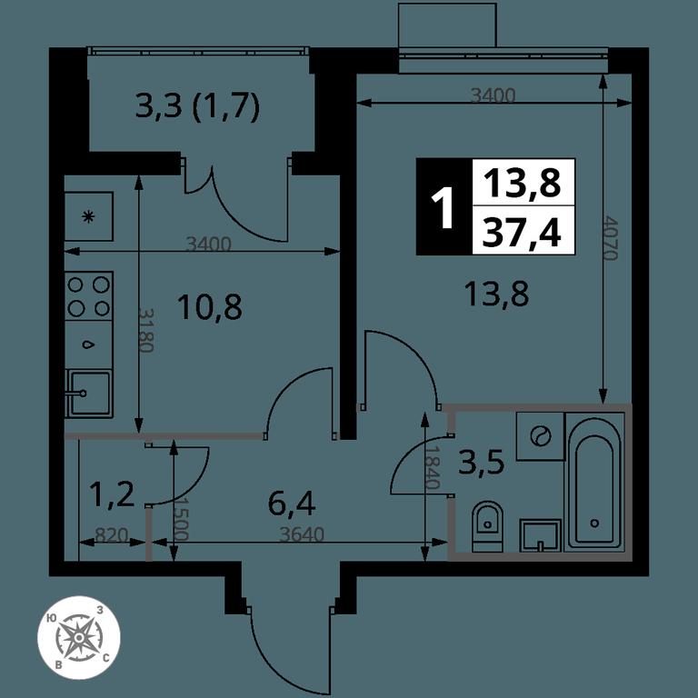 1-BD Apartment Sale, 37.4平方米 at Yzhnaya Bitsa, Yuzhnaya Bitsa Residential Complex, posyolok Bittsa, Leninskiy City District, Moscow Region, Russia #1