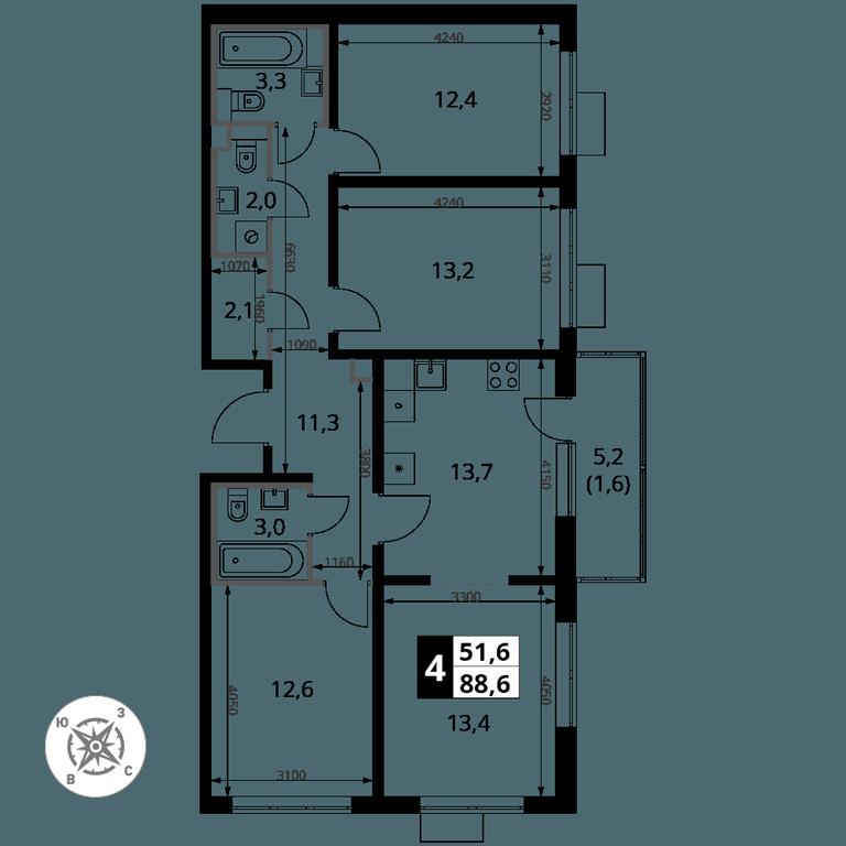 4-BD Apartment Sale, 88.6 sq. m. at Yzhnaya Bitsa, Yuzhnaya Bitsa Residential Complex, posyolok Bittsa, Leninskiy City District, Moscow Region, Russia #1