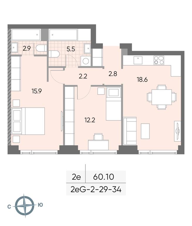 2-BD Apartment Sale, 60.1 sq. m. at Wave, Borisovskye Prudy Street, 1Б, Moscow, Russia #1