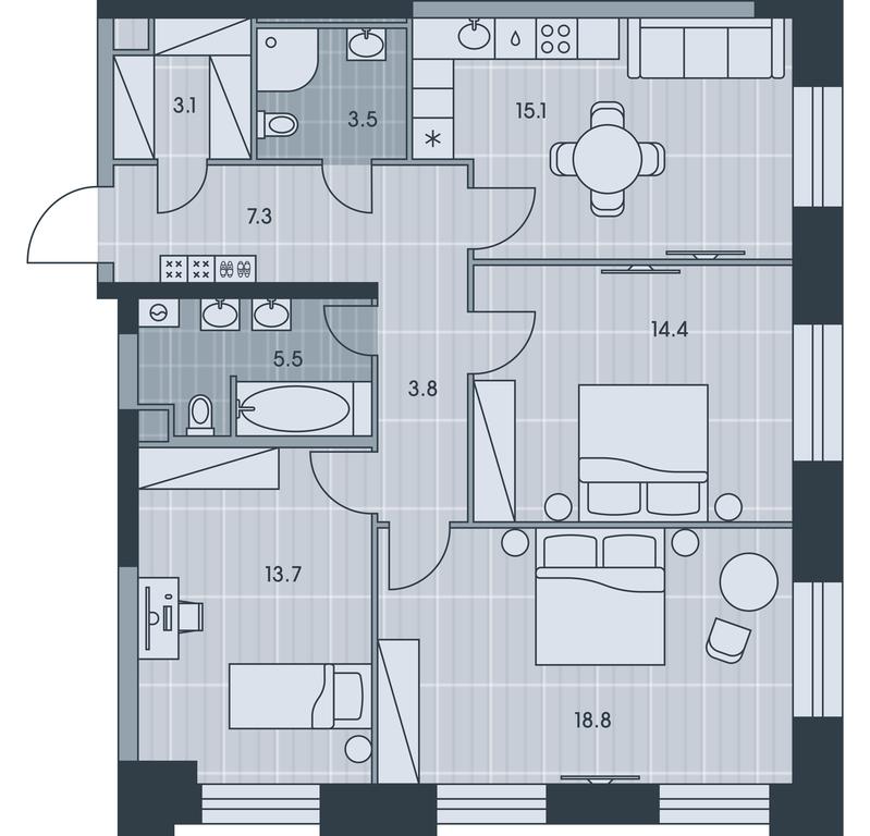 3-BD Apartment Sale, 85.2平方米 at Ever, Obrucheva Street, вл23, Moscow, Russia #1