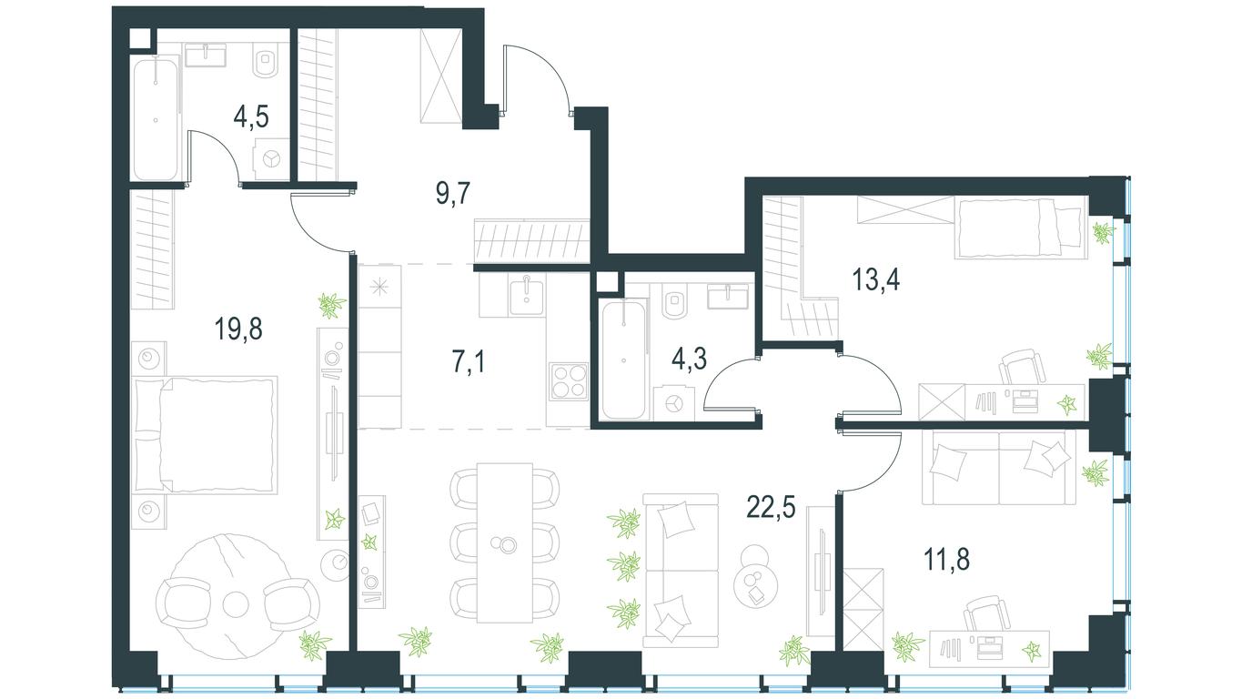 3-BD Apartment Sale, 93.1平方米 at Level Michurinskiy, Озёрная улица, вл1, Москва, Россия #2