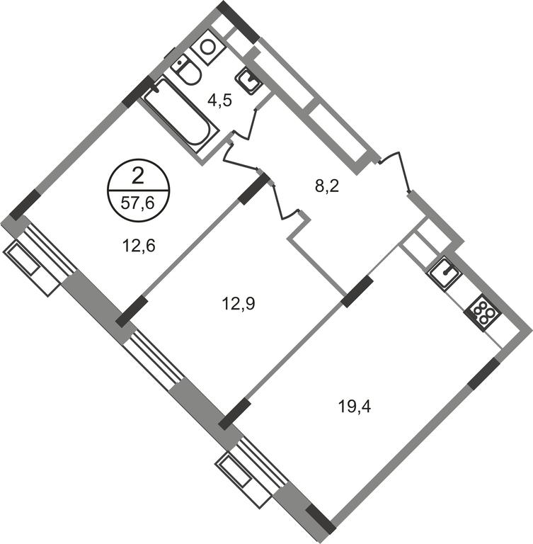 2-BD Apartment Sale, 57.6 sq. m. at Rezidentsii Skolkovo, Kashtanovaya ulitsa, 1, rabochiy posyolok Zarechye, Odintsovskiy City District, Moscow Region, Russia #1
