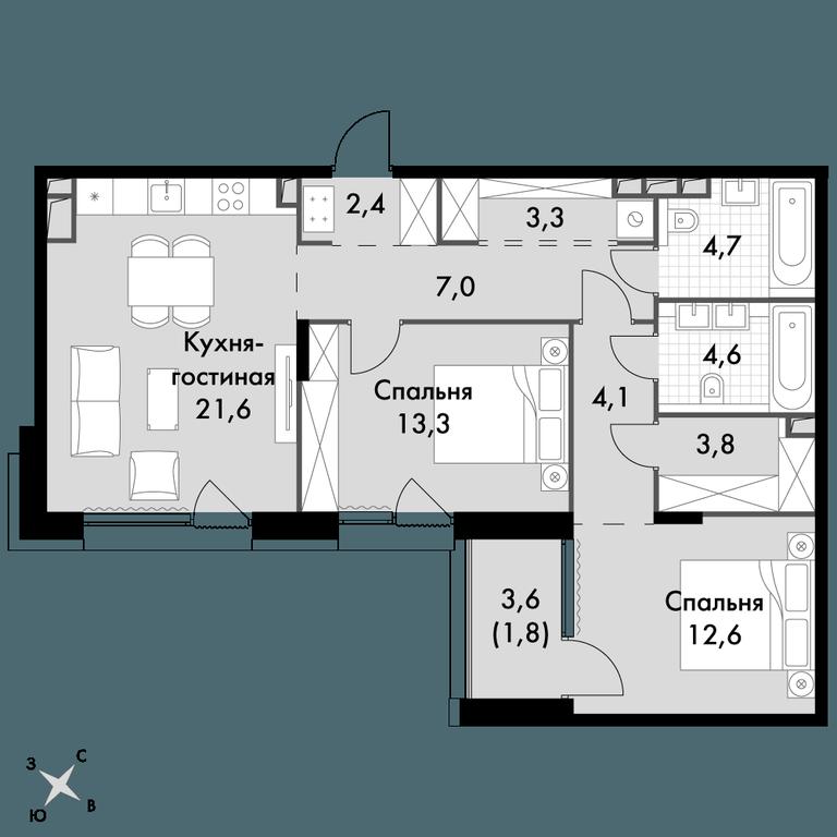3-BD Apartment Sale, 79.2 sq. m. at The Lake, Snezhnaya Street, 22, Moscow, Russia #1