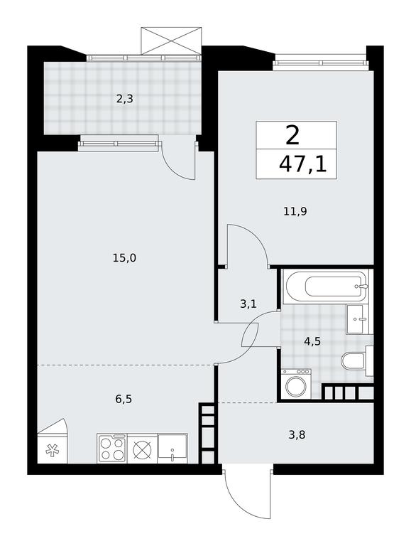 1-BD Apartment Sale, 47.1平方米 at Buninskie Kvartaly, Akademika Semyonova Street, 22, Moscow, Russia #1