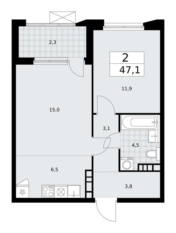 1-BD Apartment Sale, 47.1平方米 at Buninskie Kvartaly, Akademika Semyonova Street, 22, Moscow, Russia #1