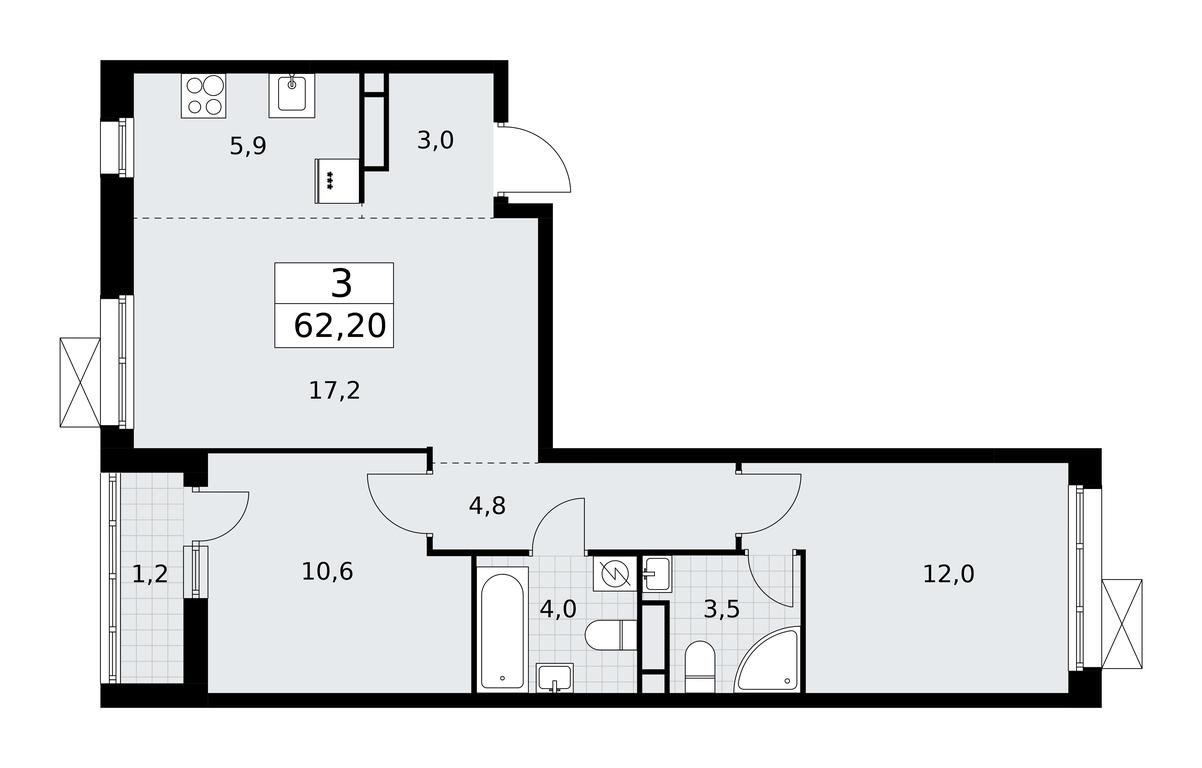 2-BD Apartment Sale, 62.2平方米 at Rodniye Kvartaly, Kvartal № 33, Marushkinskoye Settlement, Moscow, Russia #1