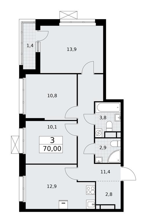 2-BD Apartment Sale, 70平方米 at Rodniye Kvartaly, Kvartal № 33, Marushkinskoye Settlement, Moscow, Russia #1