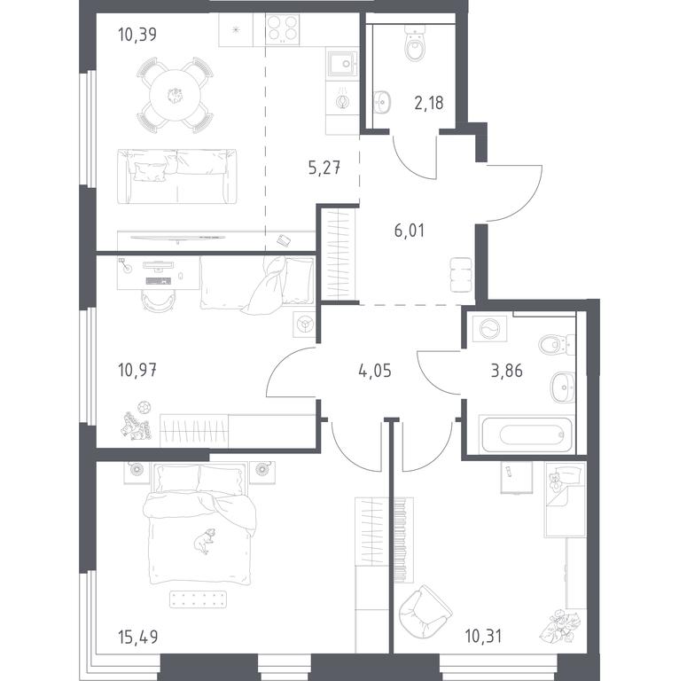 2-BD Apartment Sale, 68.53 sq. m. at Prigorod Lesnoe, Molodyozhny bulvar, 6, derevnya Misaylovo, Leninskiy City District, Moscow Region, Russia #2