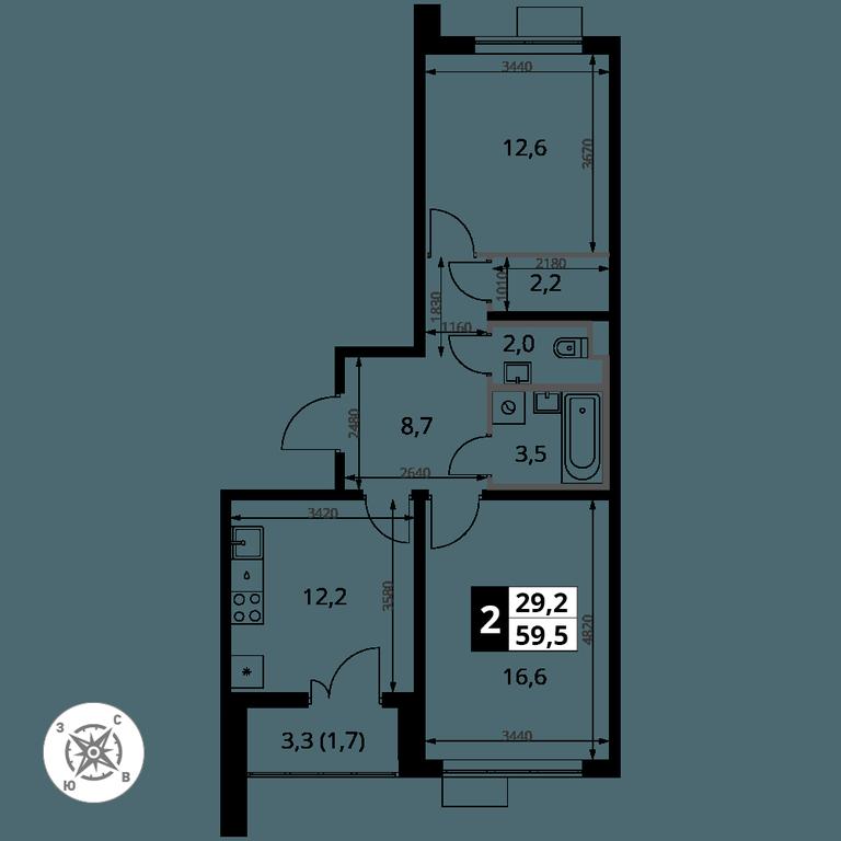 2-BD Apartment Sale, 59.5平方米 at Yzhnaya Bitsa, Yuzhnaya Bitsa Residential Complex, posyolok Bittsa, Leninskiy City District, Moscow Region, Russia #1