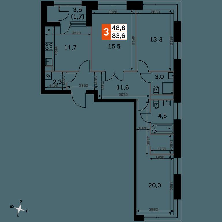 2-BD Apartment Sale, 83.4 sq. m. at Sky Garden, Stroitelny Drive, 9с6, Moscow, Russia #1