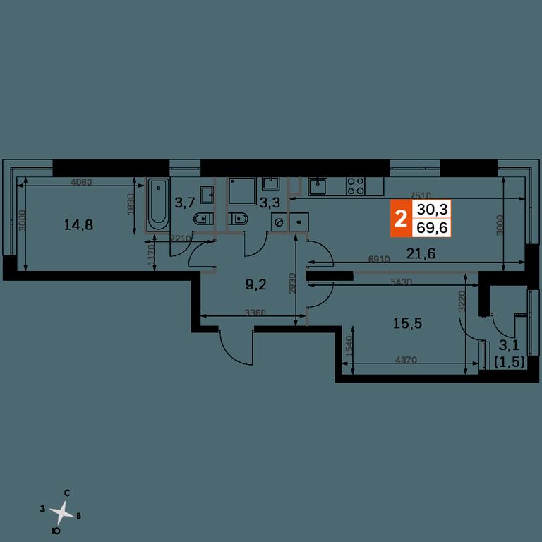 2-BD Apartment Sale, 68.9 sq. m. at Sky Garden, Stroitelny Drive, 9с6, Moscow, Russia #1