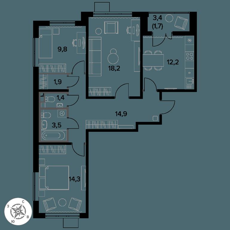 3-BD Apartment Sale, 77.9 sq. m. at Pervy Donskoj, zhiloy mikrorayon Sapronovo, derevnya Sapronovo, Leninskiy City District, Moscow Region, Russia #1