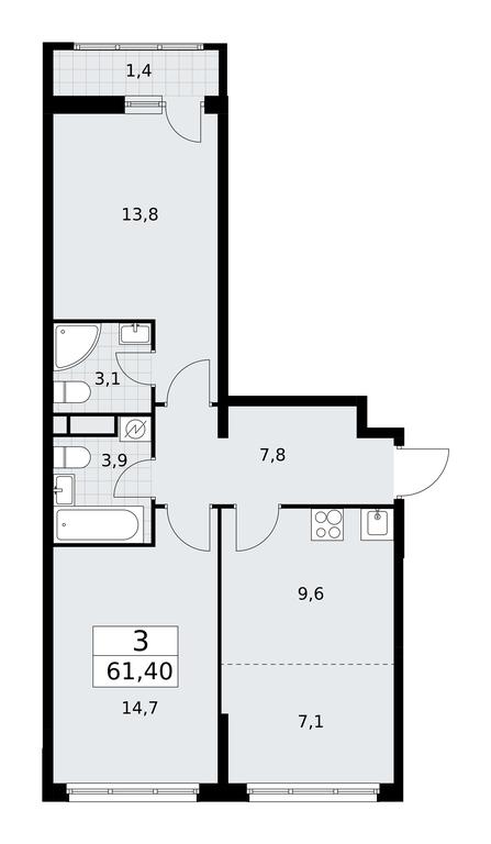 2-BD Apartment Sale, 61.4平方米 at Rodniye Kvartaly, Kvartal № 33, Marushkinskoye Settlement, Moscow, Russia #1