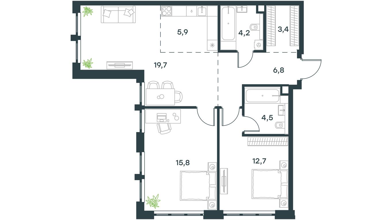 2-BD Apartment Sale, 73.1 sq. m. at Level Yzhnoportovaya, Yuzhnoportovaya Street, 28Ас17, Moscow, Russia #2