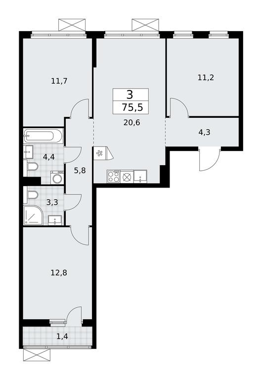 2-BD Apartment Sale, 75.5平方米 at Buninskie Kvartaly, Akademika Semyonova Street, 22, Moscow, Russia #1