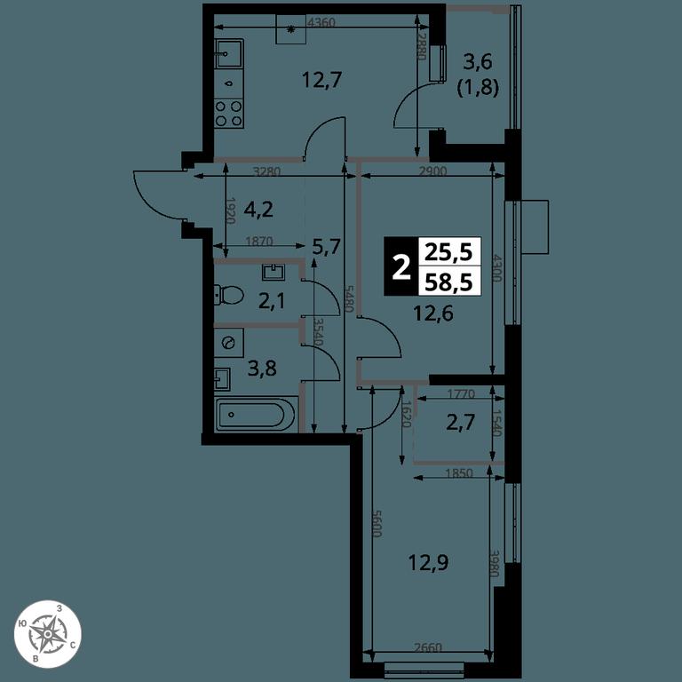 2-BD Apartment Sale, 58.5 sq. m. at 1 Yasenevskij, Kvartal № 24, Mosrentgen Settlement, Moscow, Russia #1