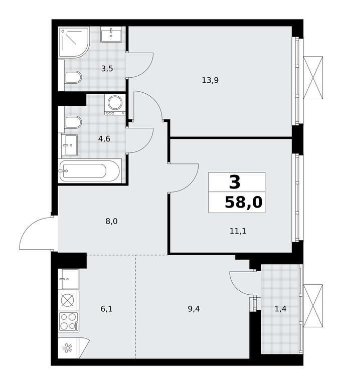 2-BD Apartment Sale, 58平方米 at Buninskie Kvartaly, Akademika Semyonova Street, 22, Moscow, Russia #1