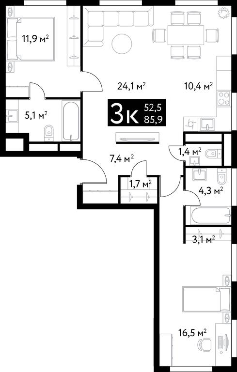 3-BD Apartment Sale, 85.3 sq. m. at Dialog, Bolshaya Spasskaya Street, 35, Moscow, Russia #1