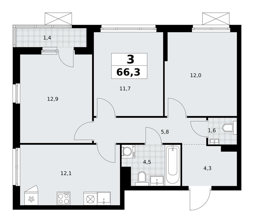 2-BD Apartment Sale, 66.3 sq. m. at Dzen-Kvartaly, ulitsa Aleksandry Monakhovoy, 2/3, Sosenskoye Settlement, Moscow, Russia #1