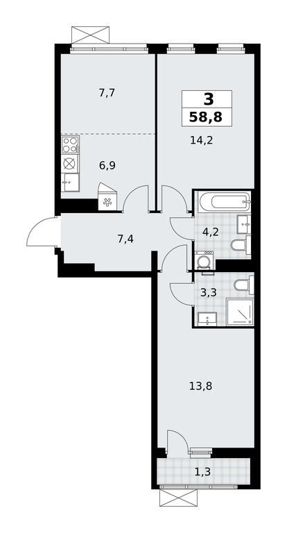 2-BD Apartment Sale, 58.8平方米 at Dzen-Kvartaly, ulitsa Aleksandry Monakhovoy, 2/3, Sosenskoye Settlement, Moscow, Russia #1