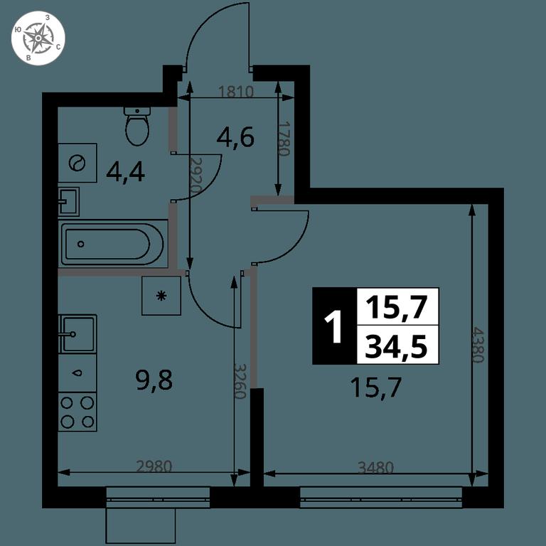 1-BD Apartment Sale, 34.5平方米 at 1 Yasenevskij, Kvartal № 24, Mosrentgen Settlement, Moscow, Russia #1
